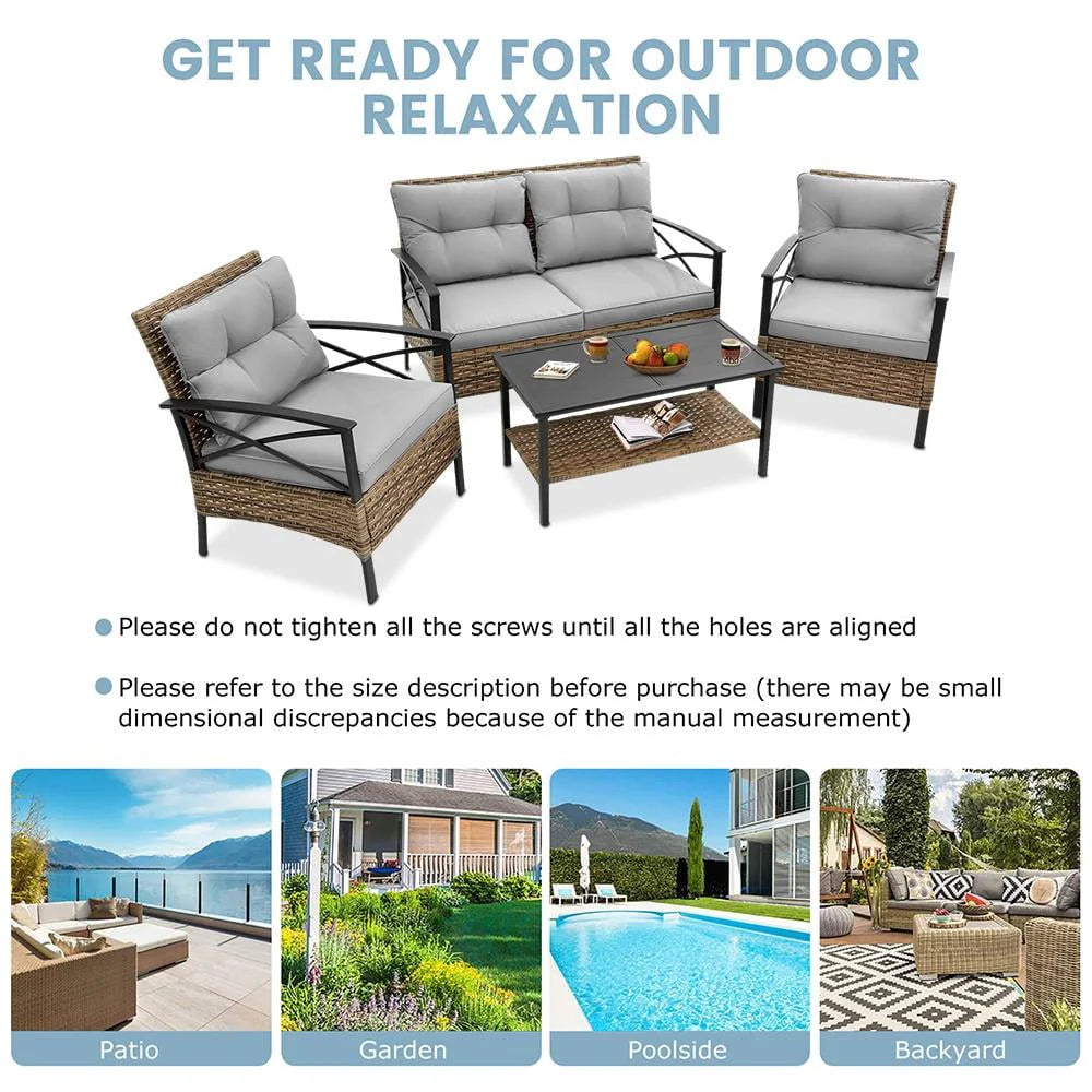 4 Pieces All-Weather PE Rattan Patio Sofa Set with Coffee Table N871