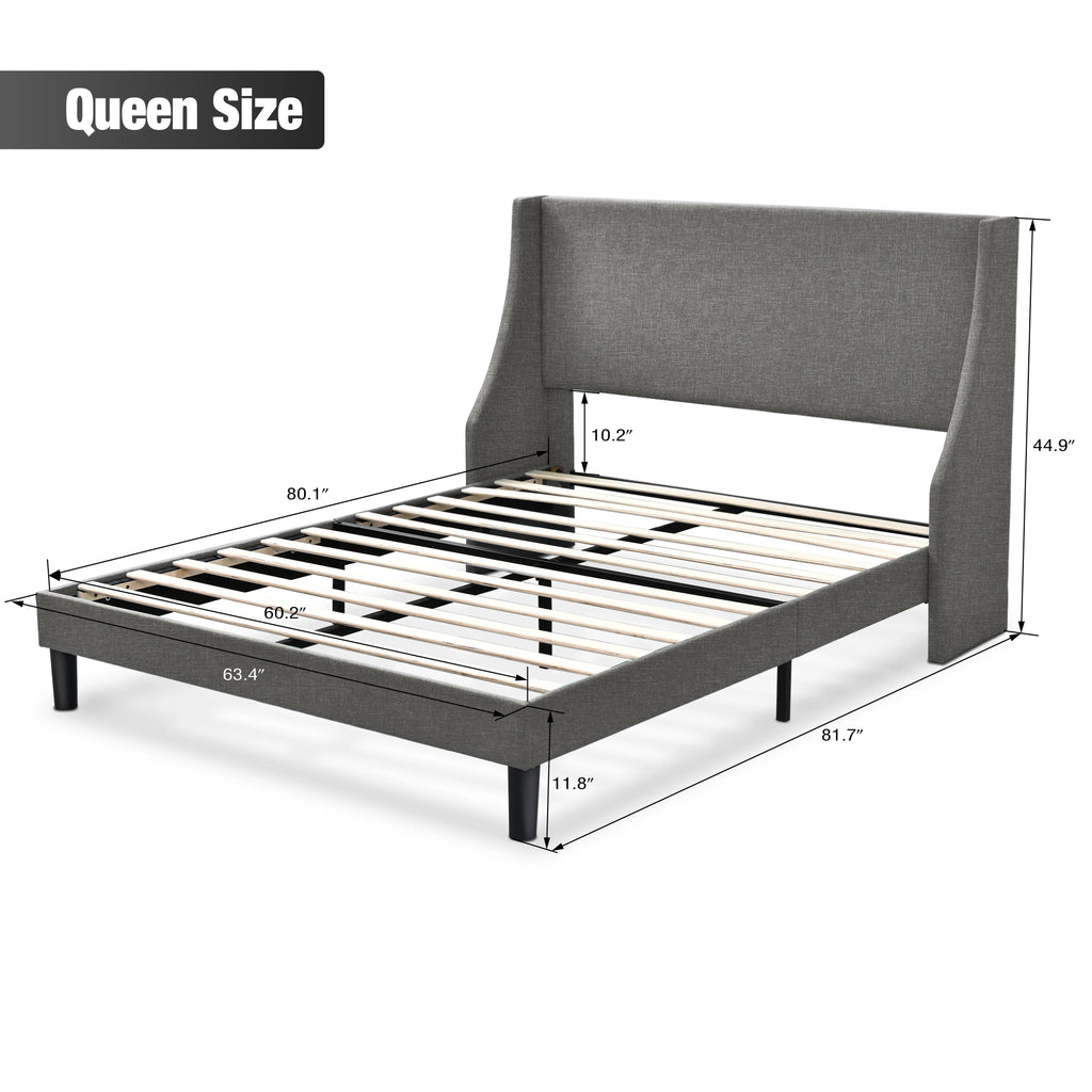 Queen Size Light Grey Upholstered Platform Bed Frame with Wingback Headboard L483147