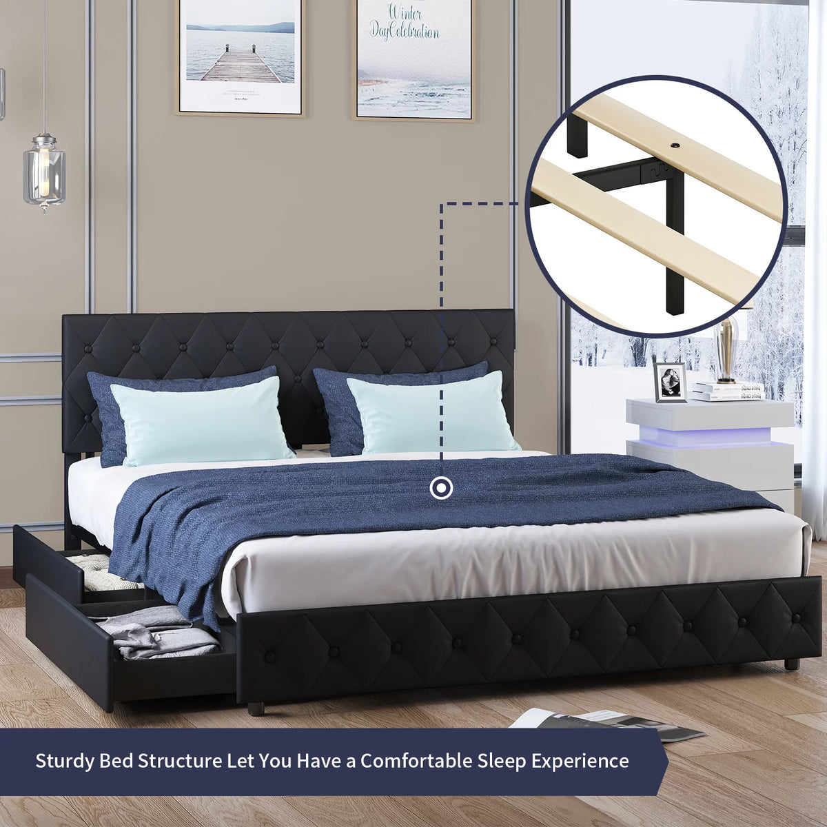 King Size Upholstered Platform Bed Frame with 4 Storage Drawers A308