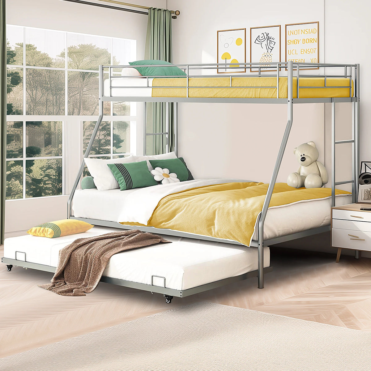 Silver Metal Twin Over Full Bunk Beds with Trundle T71753