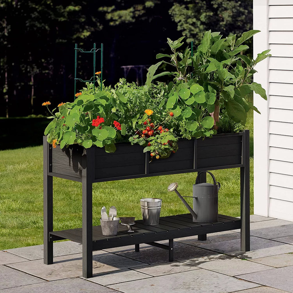 Black Elevated Raised Garden Bed Planter Box with Legs & Shelf Z463302