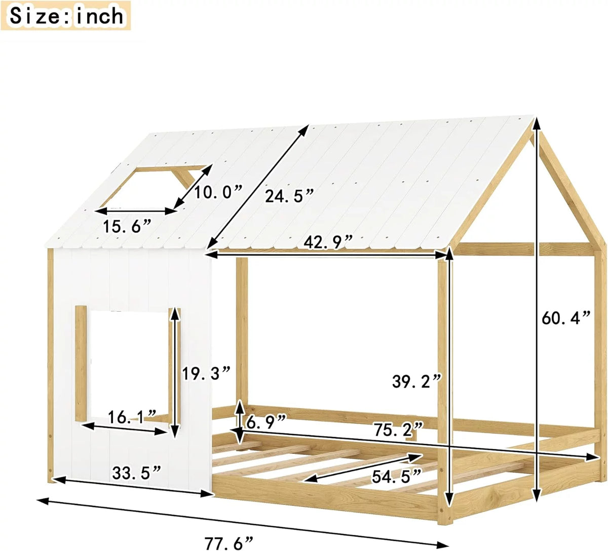 White Natural Full Size Wood House Bed with Roof and Window D61043