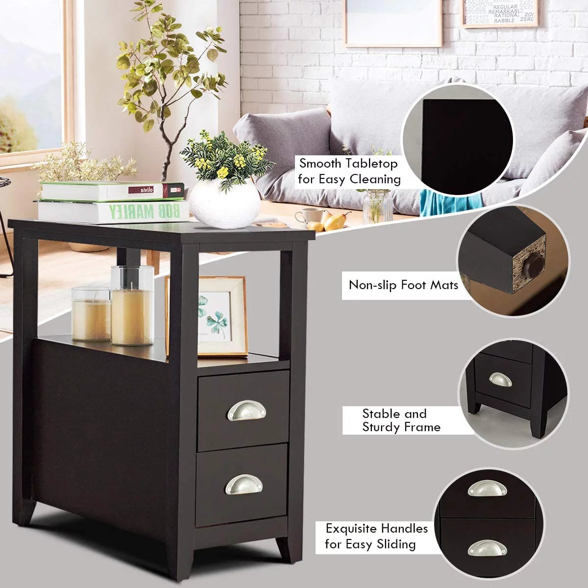 Wooden End Table with 2 Drawers and Shelf H37444
