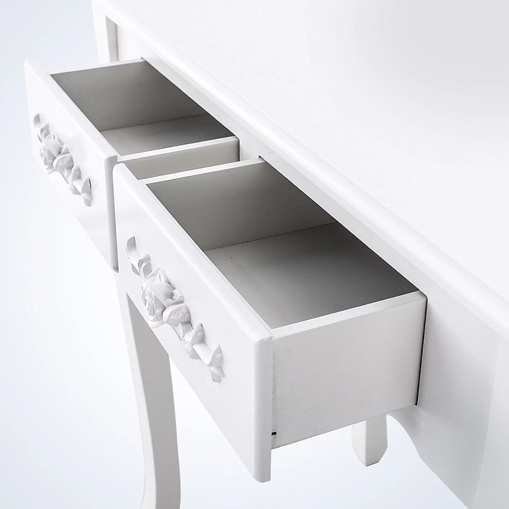 White 4 Drawer Wood Vanity Table Set with Mirror and Stool U55068