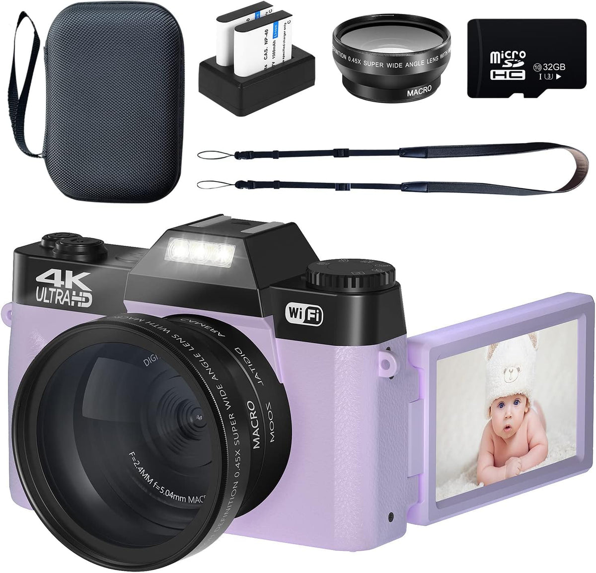 4K 48MP Digital Camera with WiFi, Flip Screen, 16X Zoom, 32GB SD Card O6253