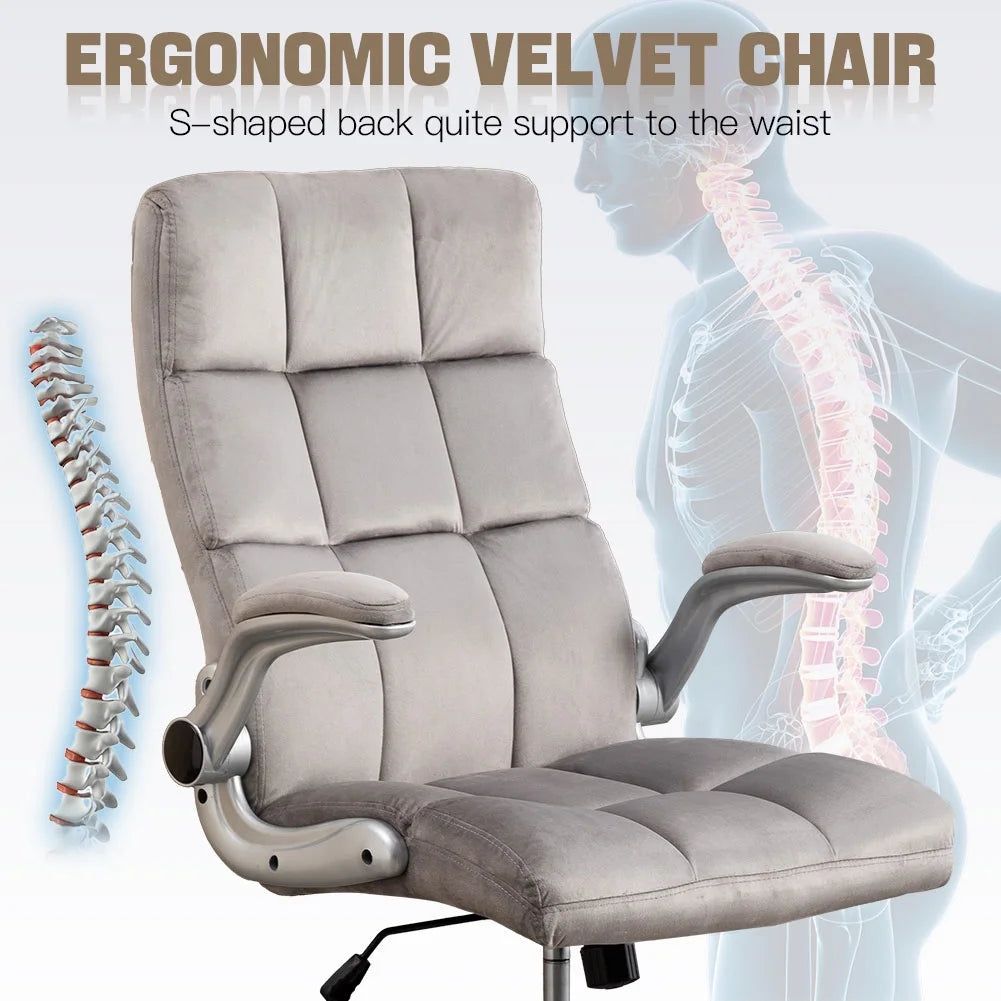 Grey Velvet Office Chair with Wheels and Flip-Up Arms K8535