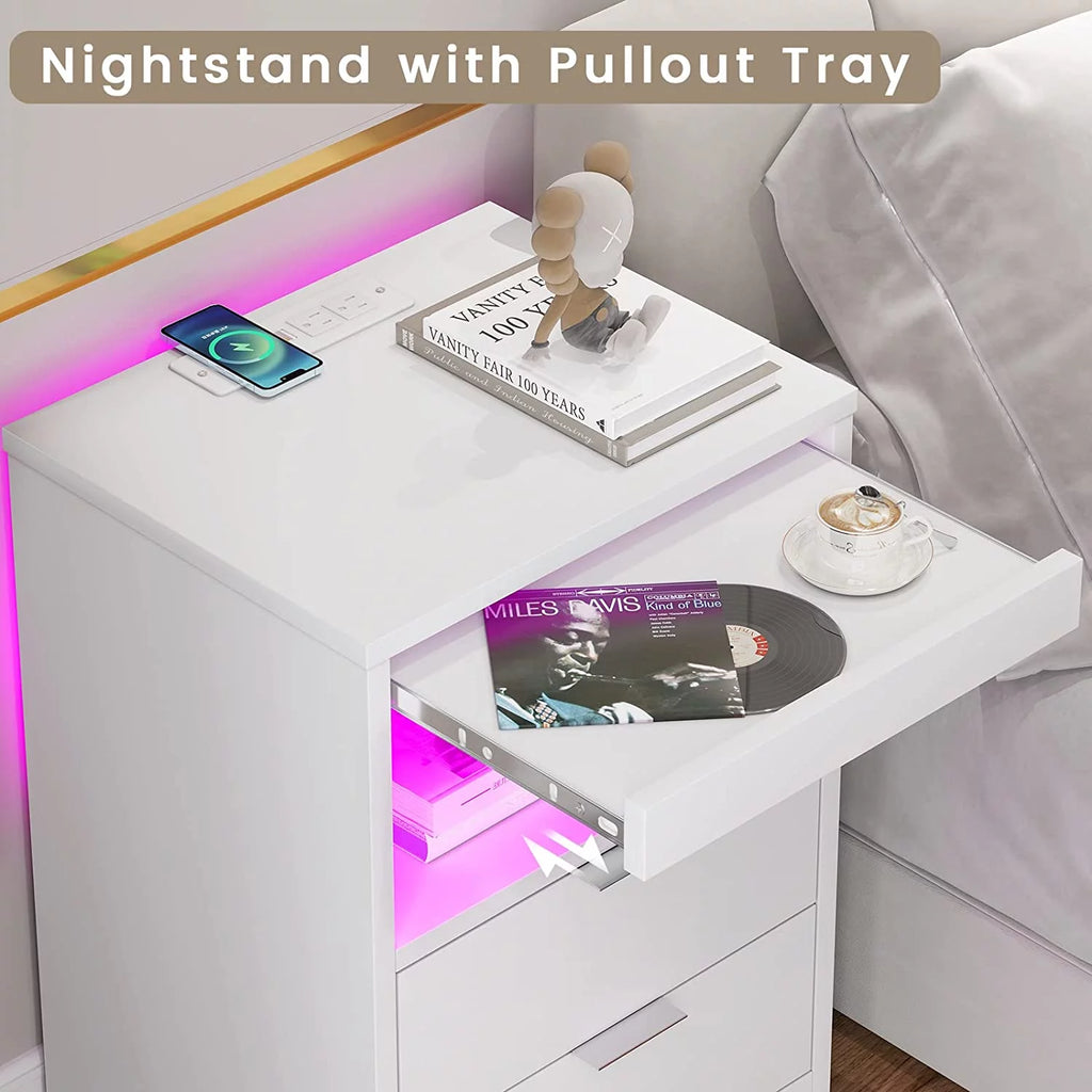 Set of 2 Black LED Nightstand with Wireless Charging Station & 2 Drawers A223558