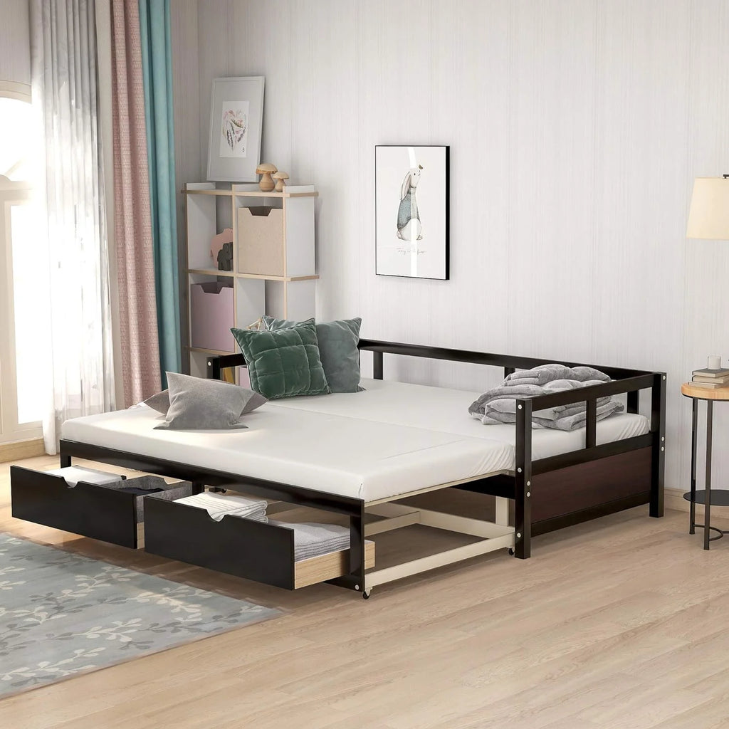 Wooden Extendable Daybed with Trundle and 2 Storage Drawers M246926