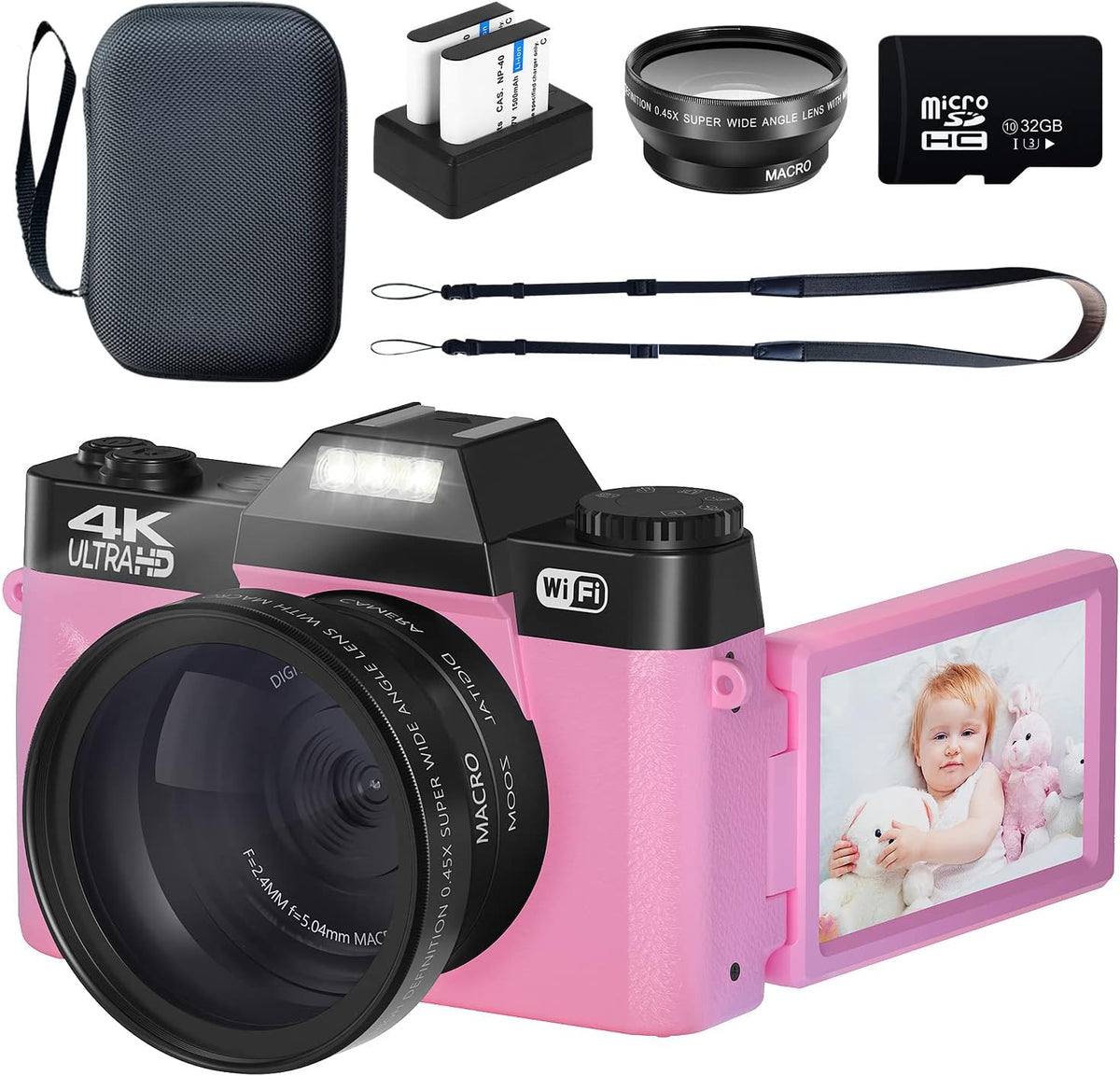 4K 48MP Digital Camera with WiFi, Flip Screen, 16X Zoom, 32GB SD Card O6253