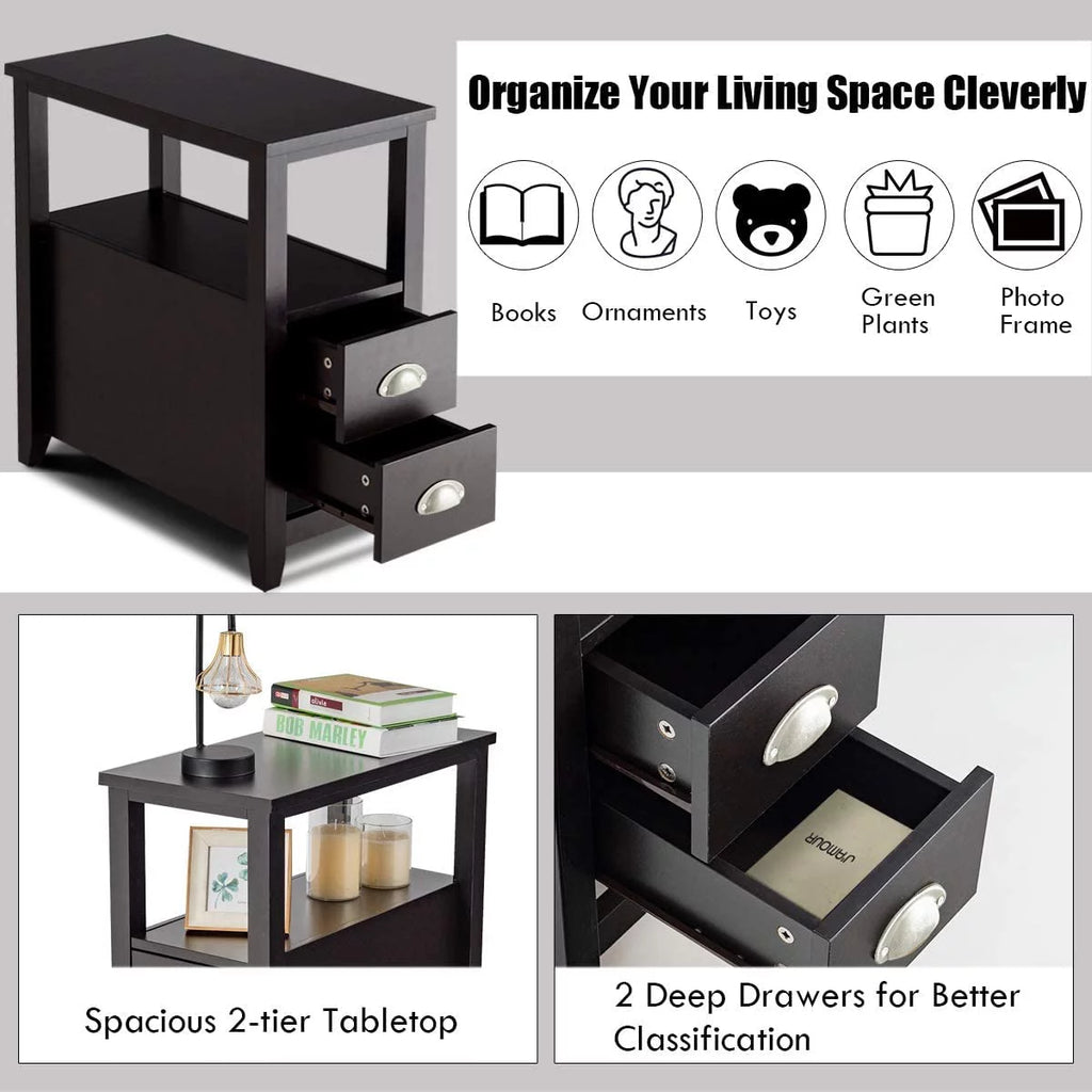Wooden End Table with 2 Drawers and Shelf H37444