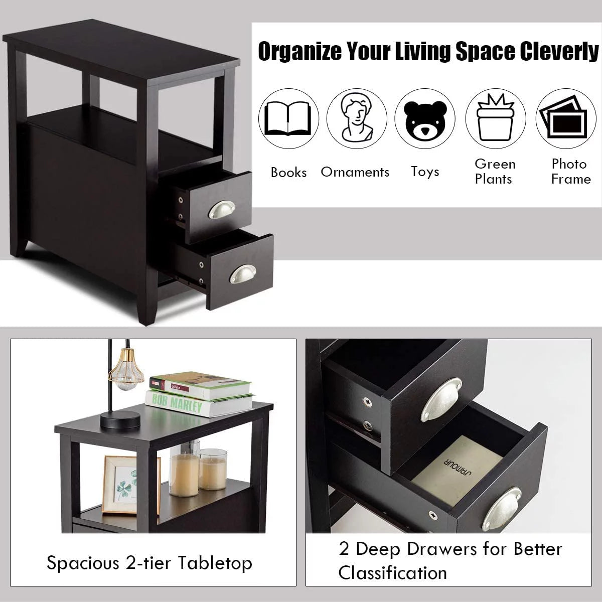 Wooden End Table with 2 Drawers and Shelf H37444