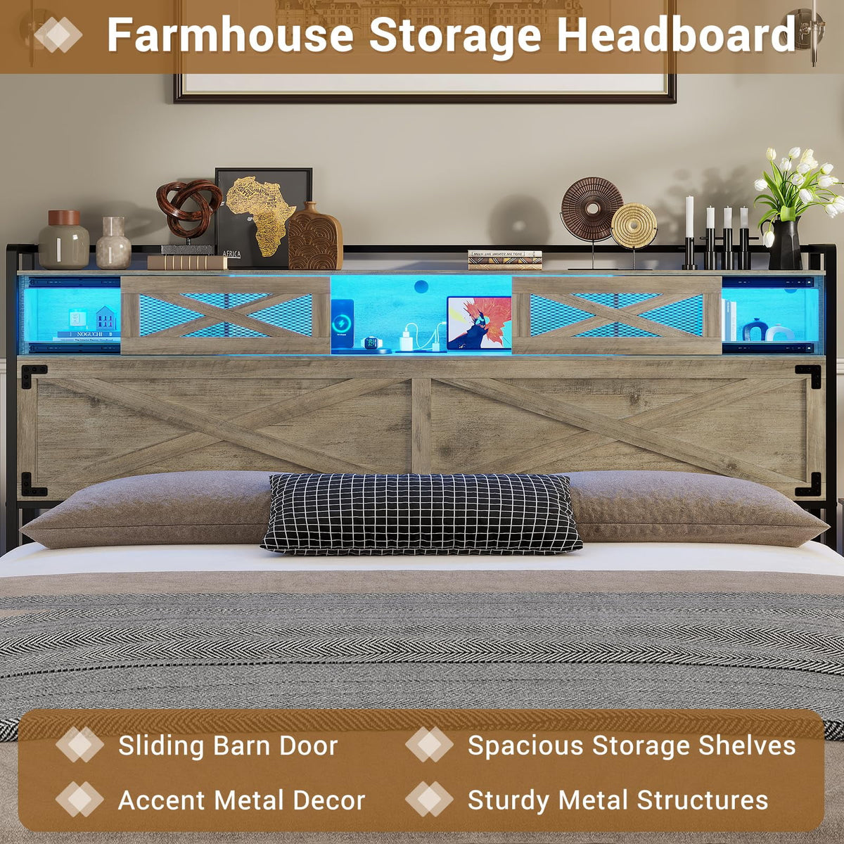 Queen Size Metal Platform Bed Frame with Storage Headboard E483194