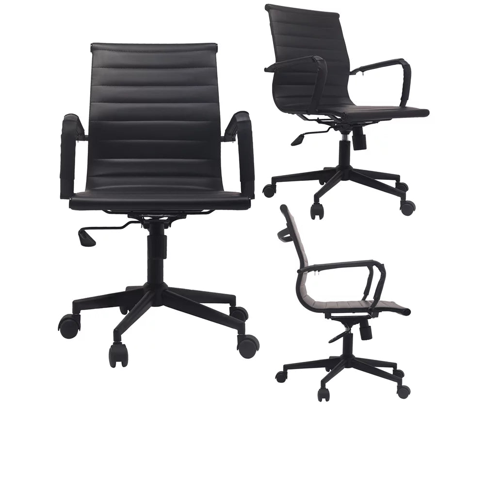 Mid Century Black PU Leather Office Chair with Arms and Wheels W7659