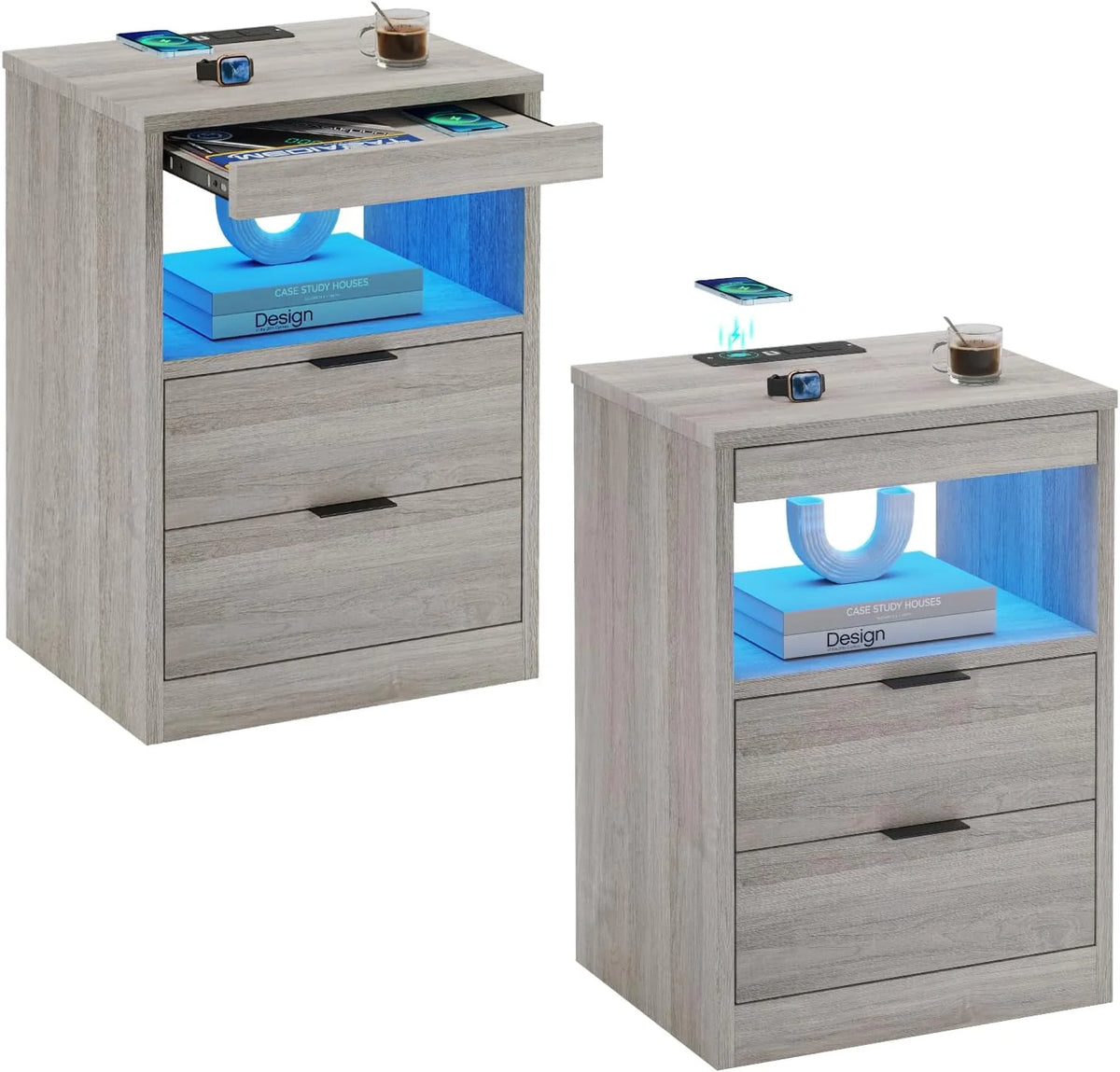 Set of 2 Black LED Nightstand with Wireless Charging Station & 2 Drawers A223558