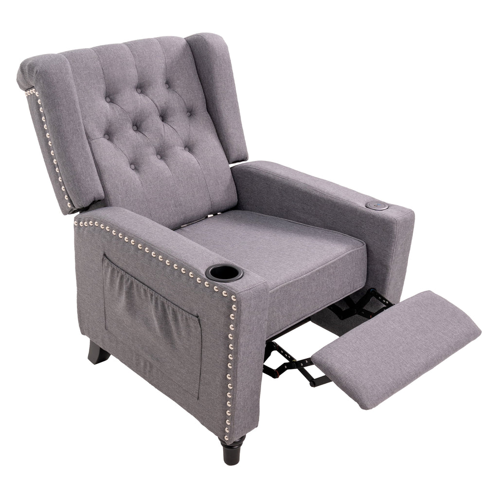 Light Grey Tufted Cotton Wingback Recliner Chair T2093
