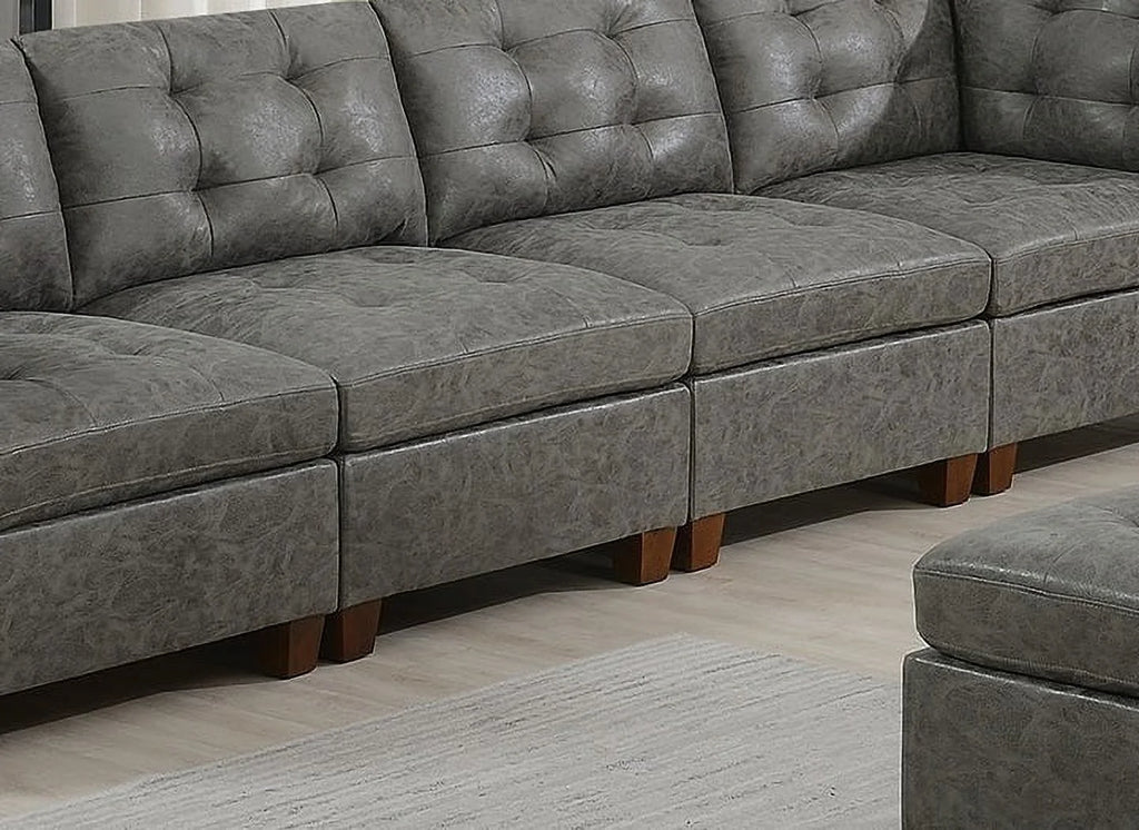 Antique Grey 8Pc Modular Sofa Set Leatherette Tufted Couch Q12229