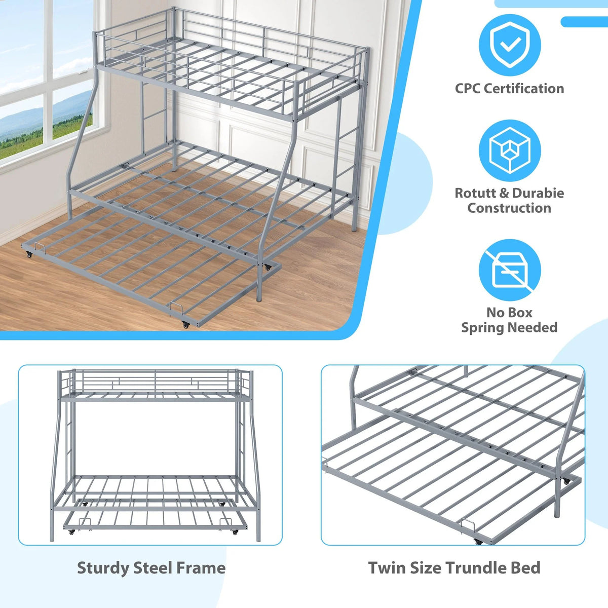 Silver Metal Twin Over Full Bunk Beds with Trundle T71753