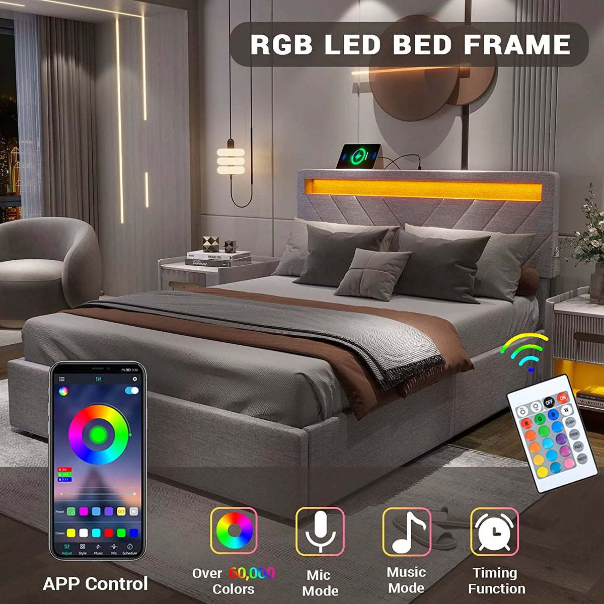 Full Bed Frame with LED Lights Headboard, USB Charging Station and 4 Drawers Q7584