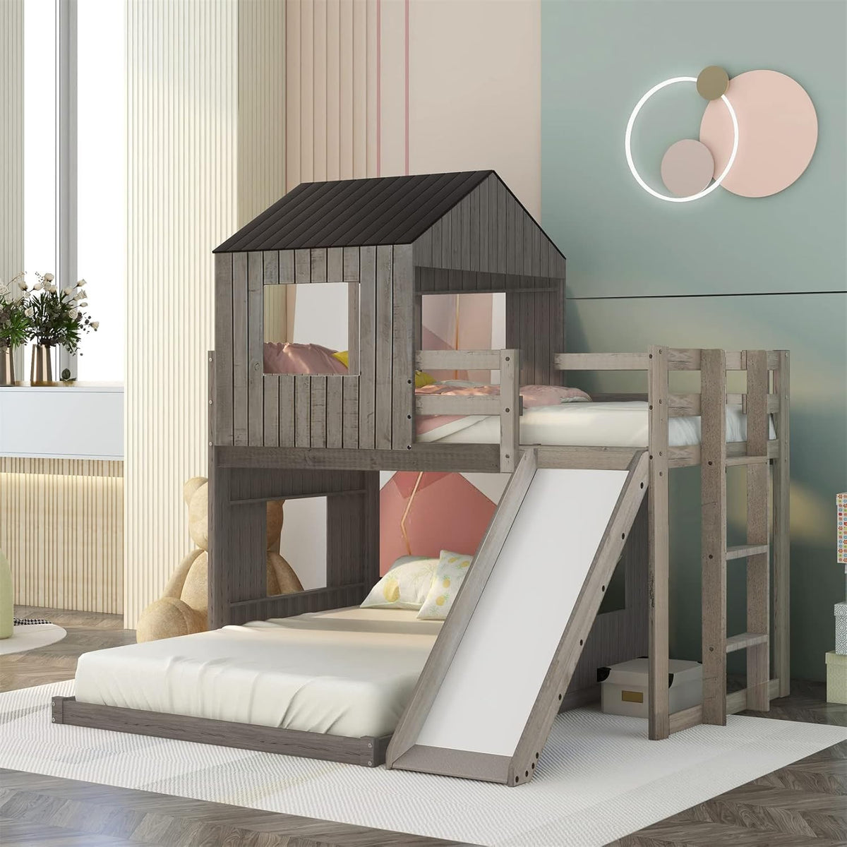 White Twin Over Twin Wood Bunk Bed with Slide and Storage Staircase N133