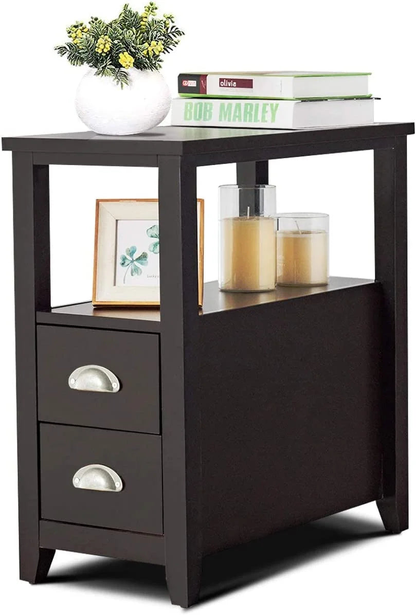 Wooden End Table with 2 Drawers and Shelf H37444