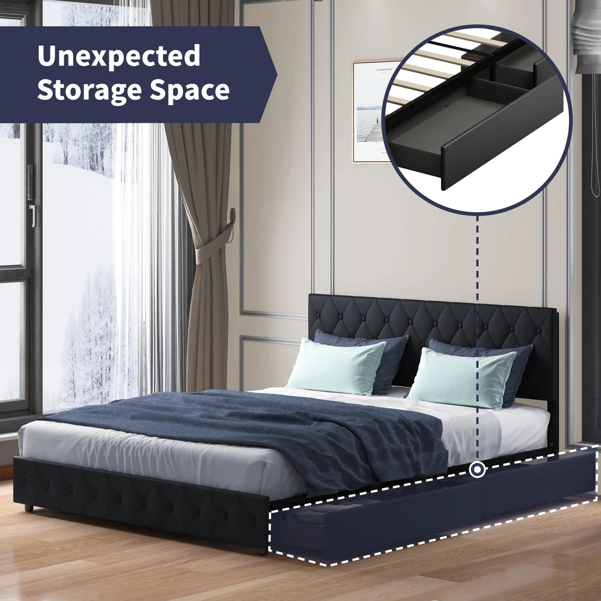 King Size Upholstered Platform Bed Frame with 4 Storage Drawers A308