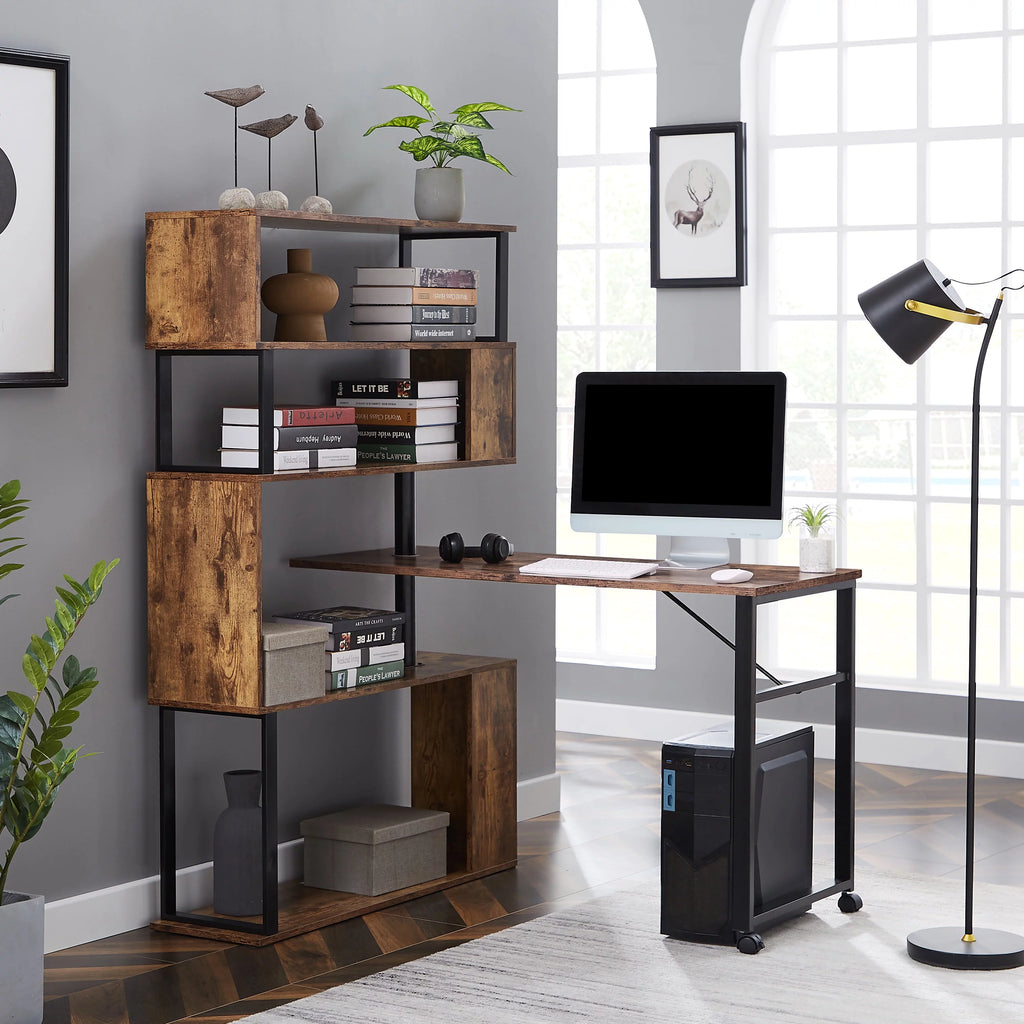 L-Shaped Corner Computer Desk with 5-Tier Bookshelf E93163