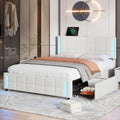 Queen Size Upholstered Platform Bed Frame with LED Lights and 4 Drawers White O42619