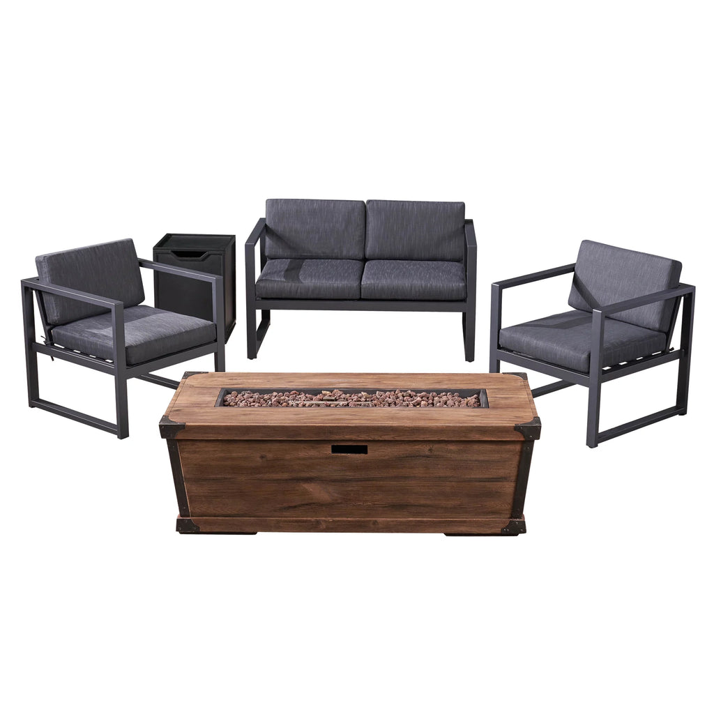 5 Piece Aluminum Chat Set with Cushions and Fire Pit S360