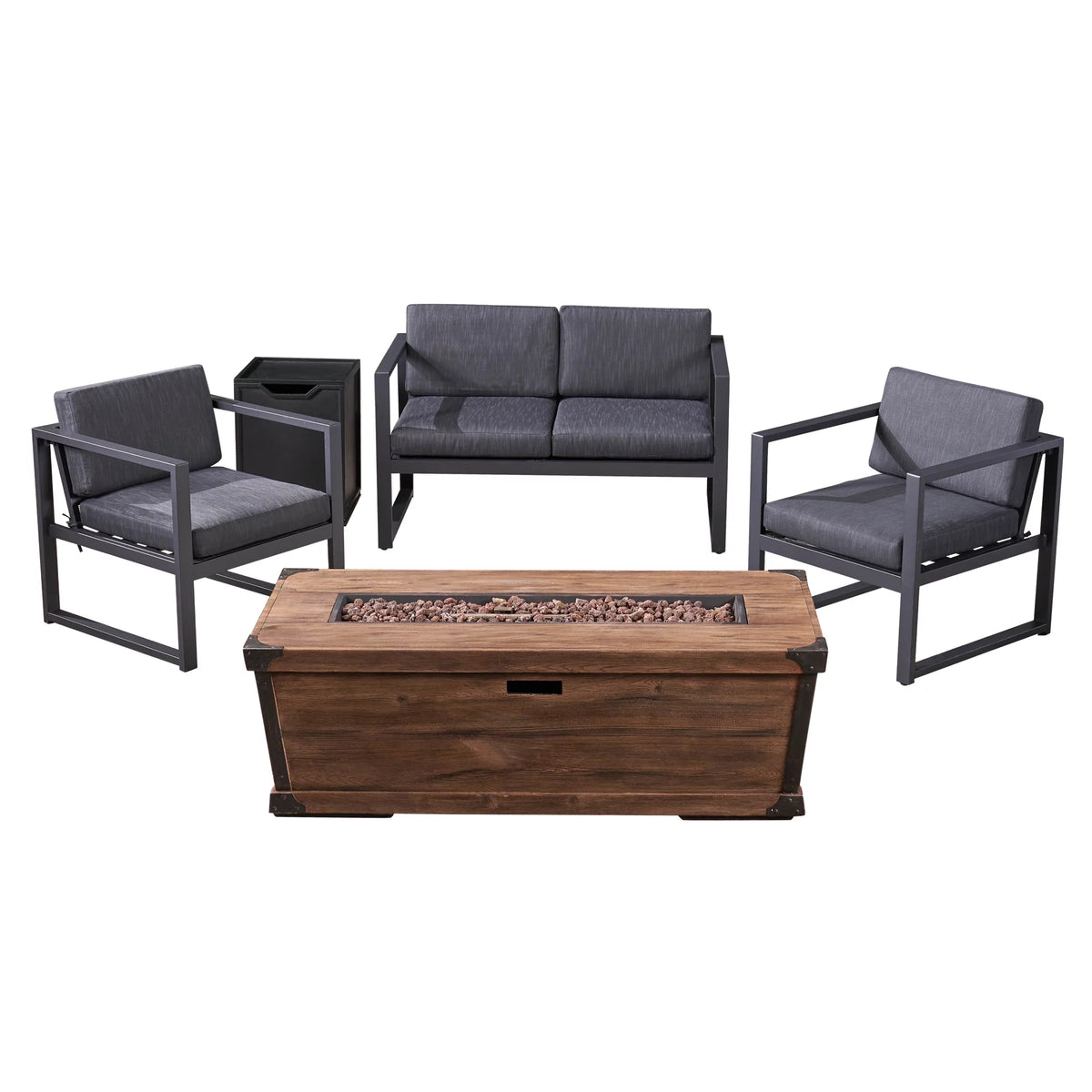 5 Piece Aluminum Chat Set with Cushions and Fire Pit S360