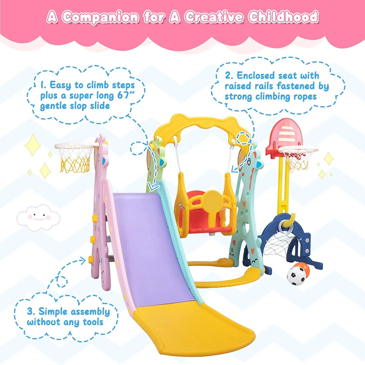 5 in 1 Slide and Swing Playing Set with 2 Basketball Hoops N621234