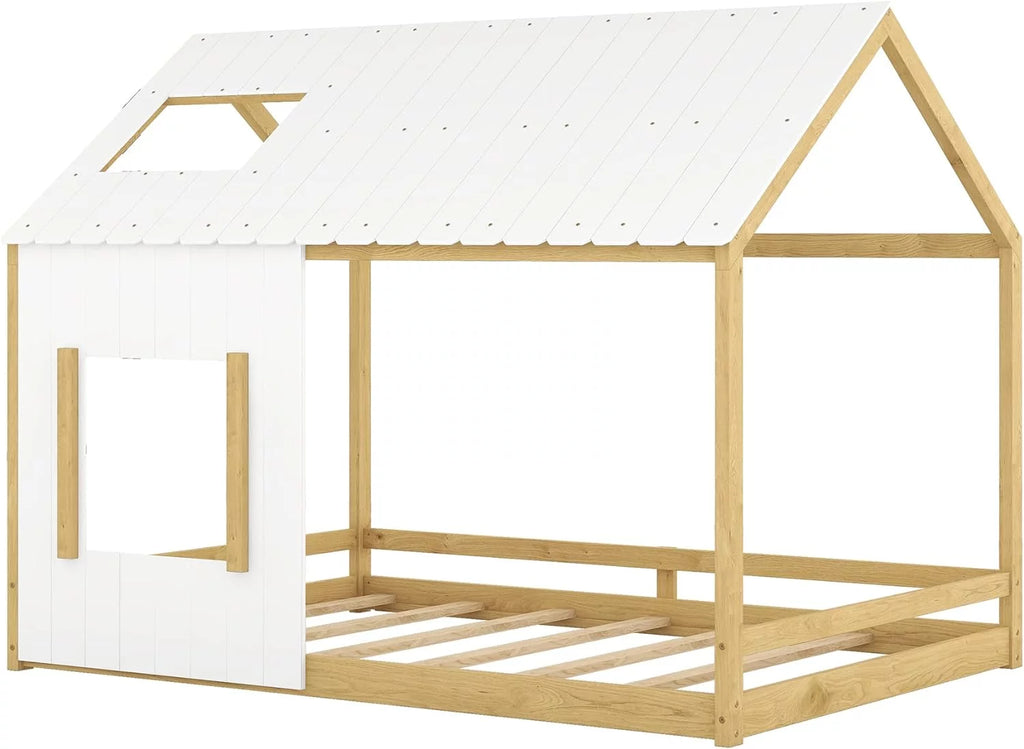 White Natural Full Size Wood House Bed with Roof and Window D61043