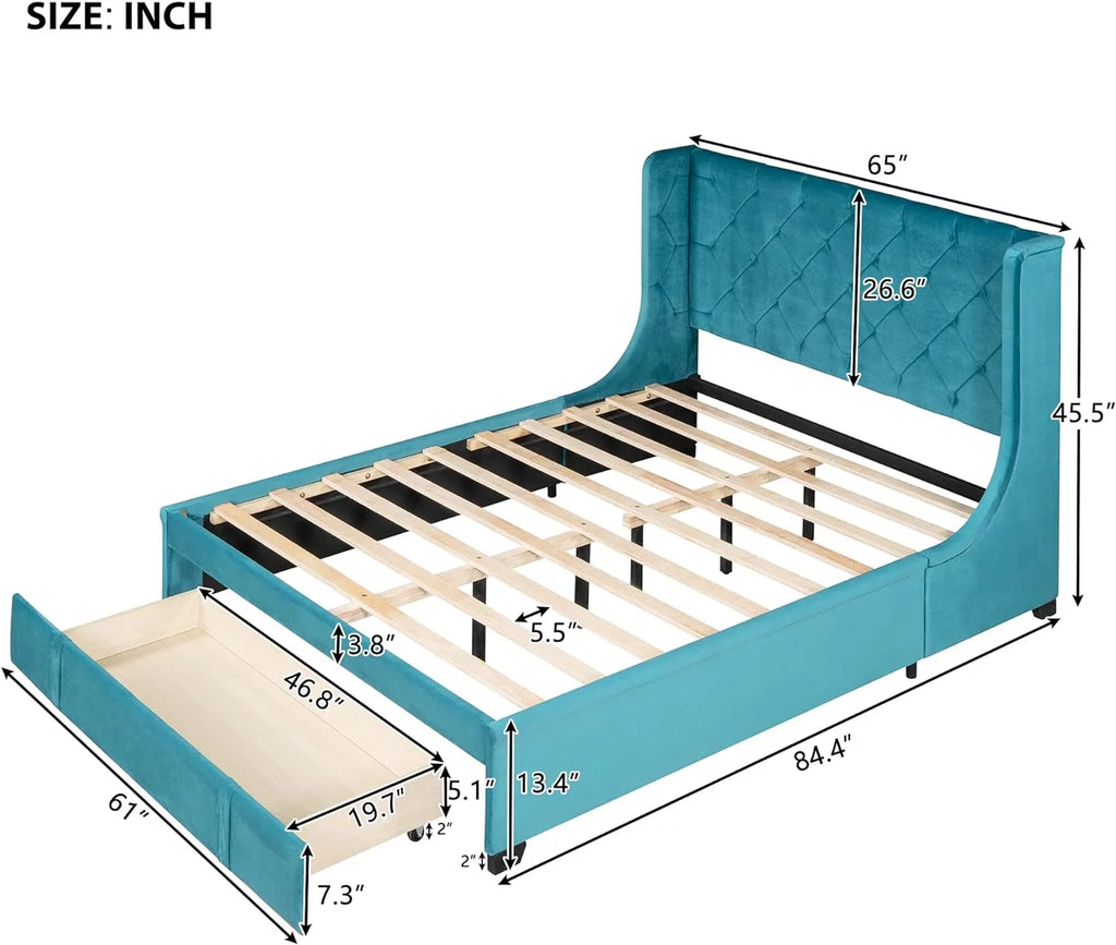 Queen Size Velvet Upholstered Platform Bed Frame with Headboard and Drawers H288