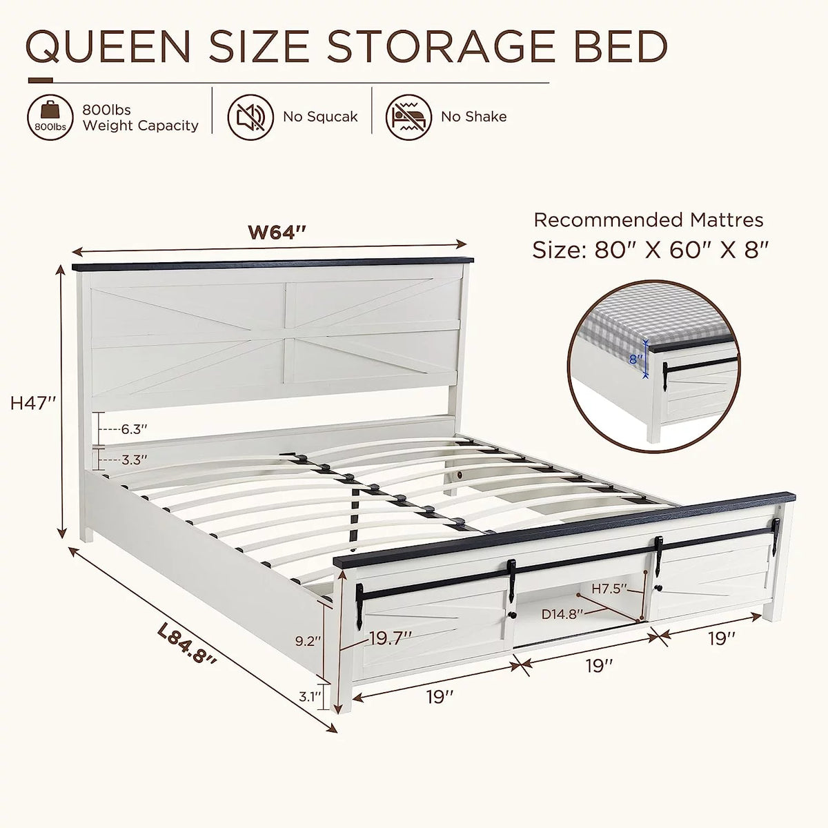 Black Queen Size Platform Bed Frame with Headboard and Storage Y7038