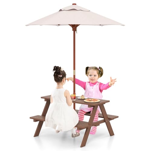 Kids Wooden Picnic Table & Bench Set with Folding Umbrella H731151