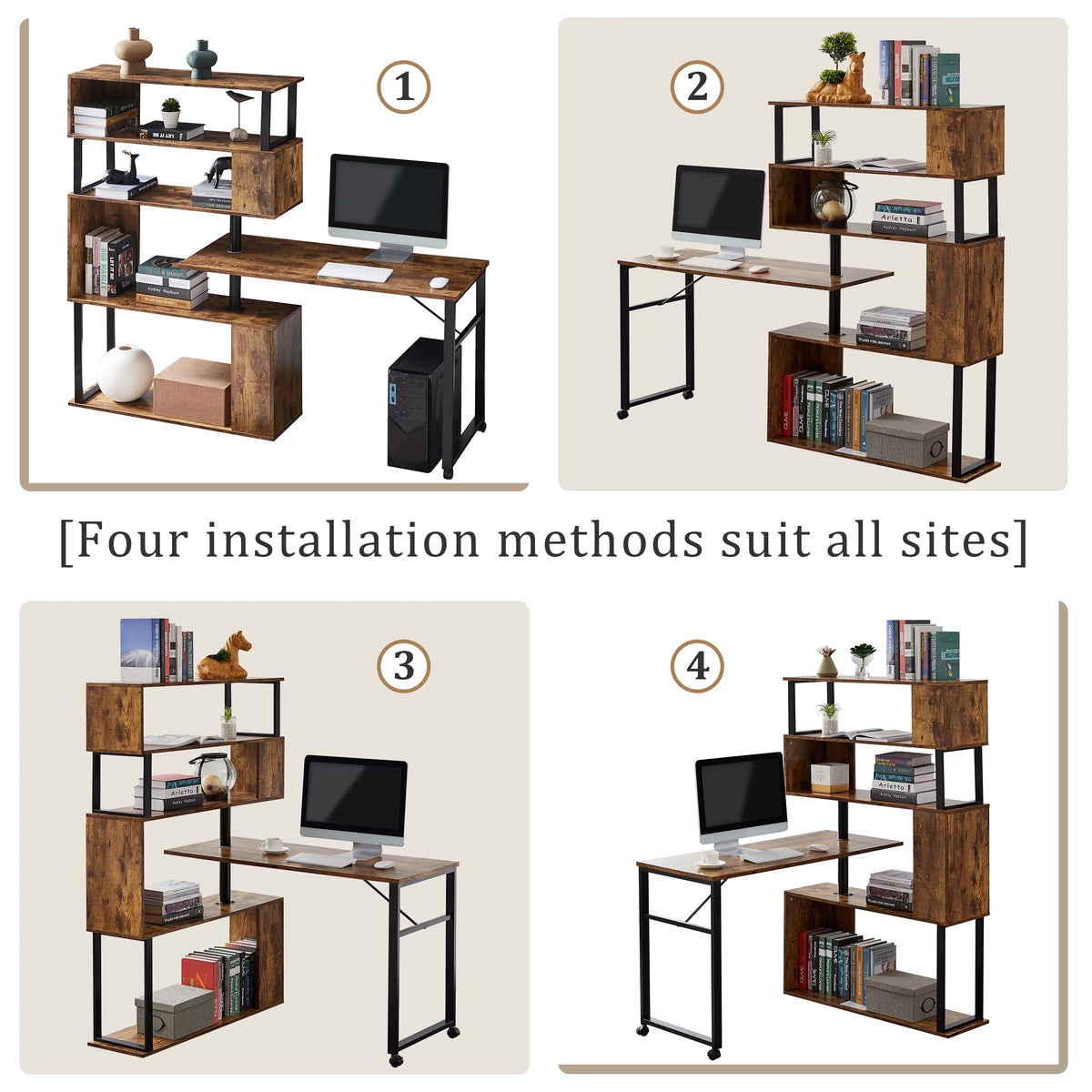 L-Shaped Corner Computer Desk with 5-Tier Bookshelf E93163