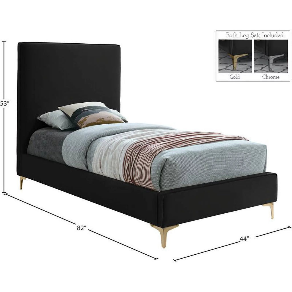 Black Velvet Twin Bed with Gold and Chrome Legs F1352