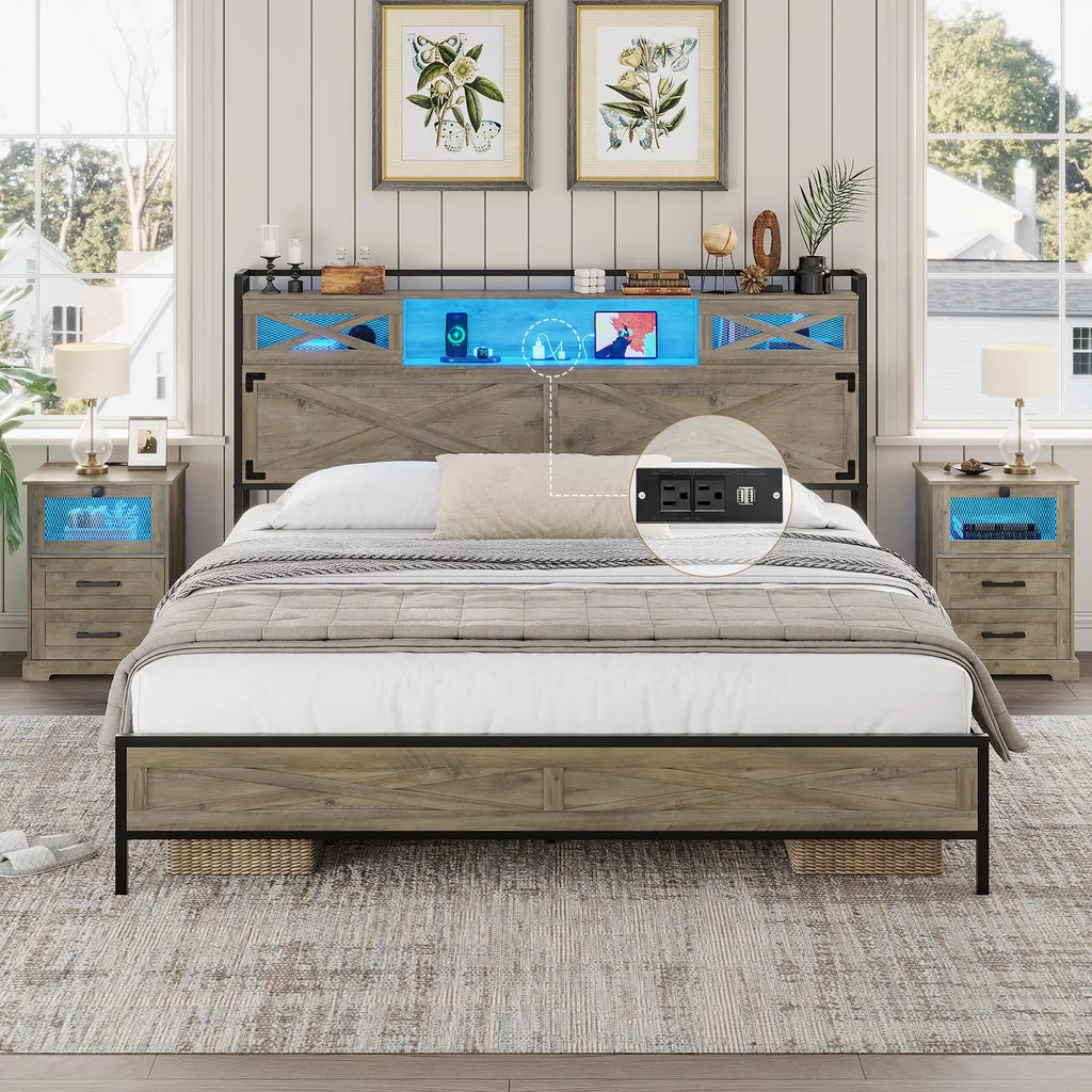 Queen Size Metal Platform Bed Frame with Storage Headboard E483194