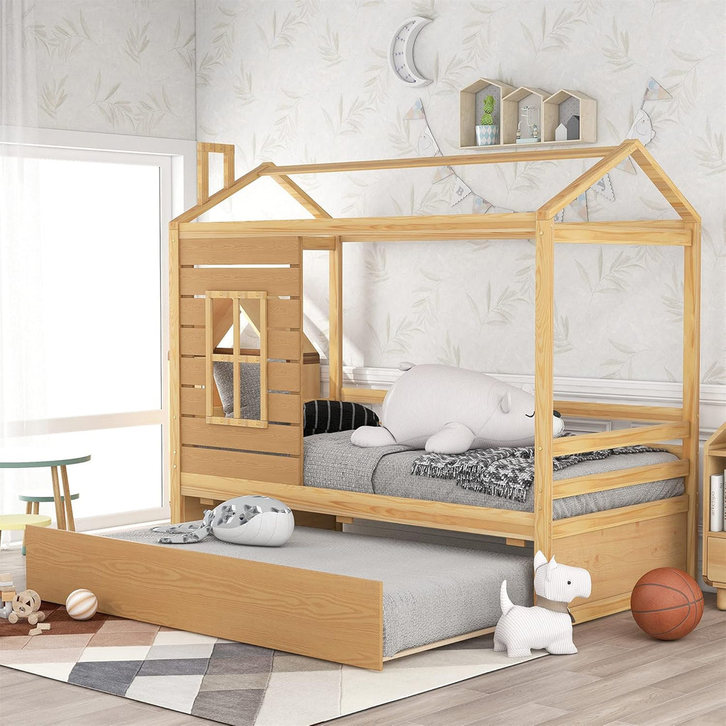 White Twin Size Wooden House Bed with Trundle S117