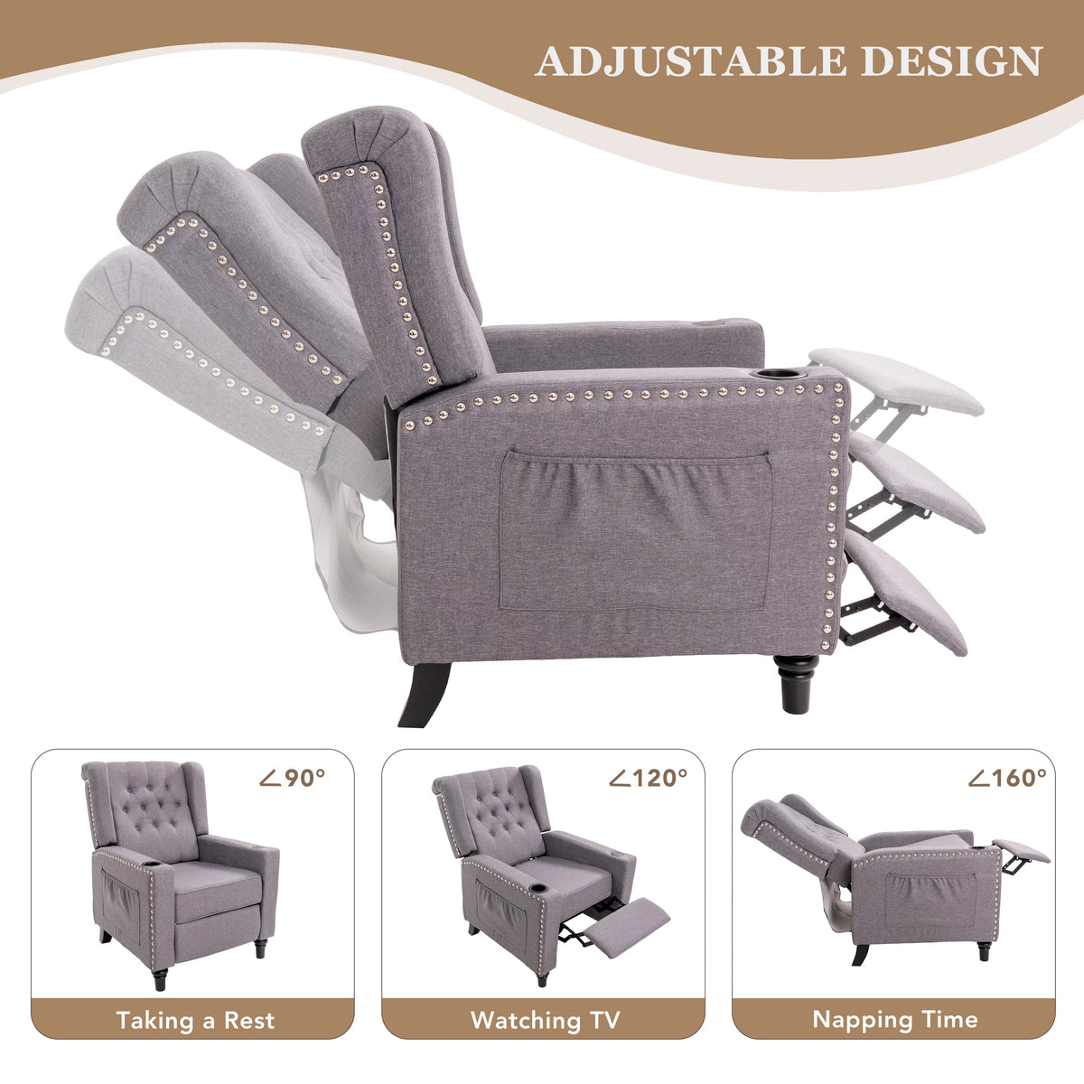 Light Grey Tufted Cotton Wingback Recliner Chair T2093