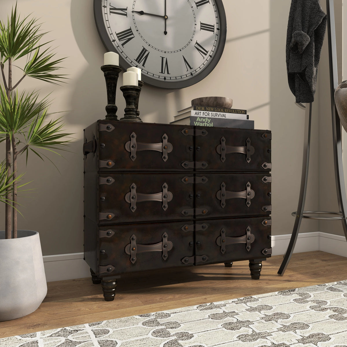 32" x 28" Black Wood Faux Leather Chest with Rivets V4297