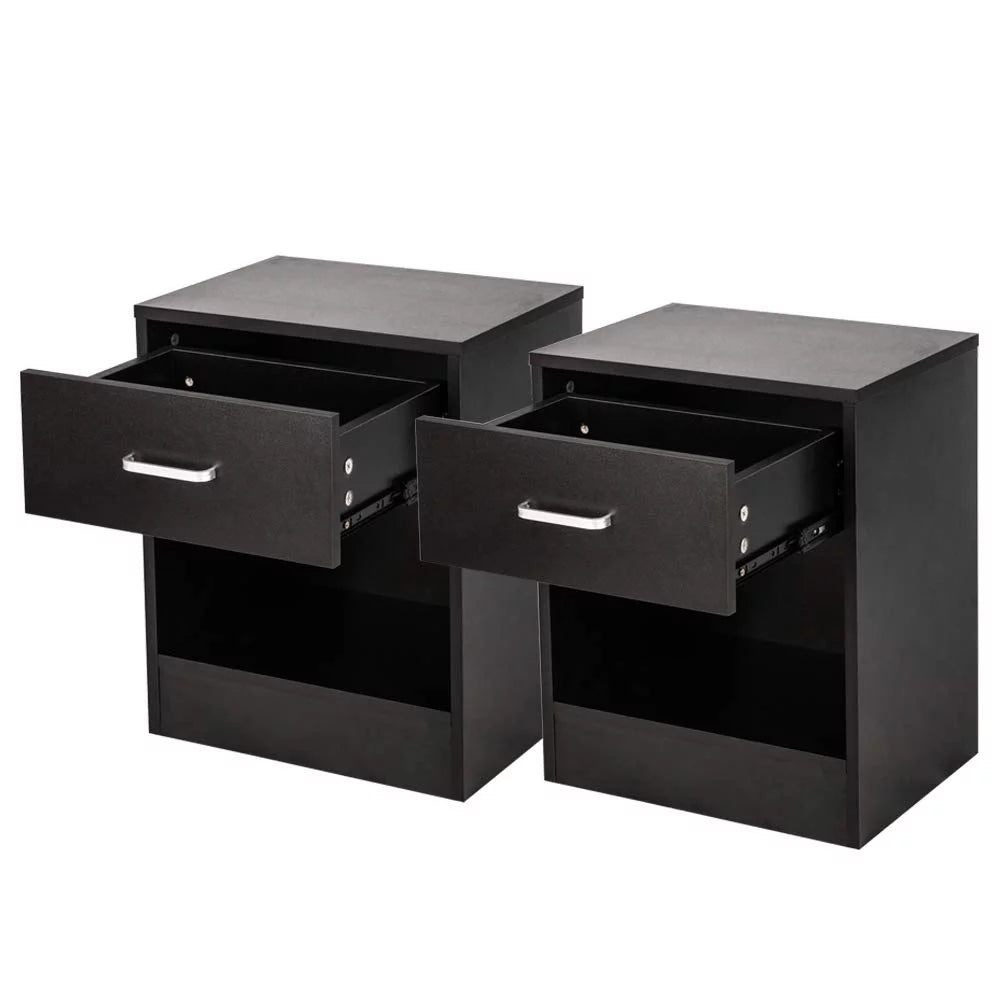 Set of 2 Black Wood Nightstand with Drawer V993