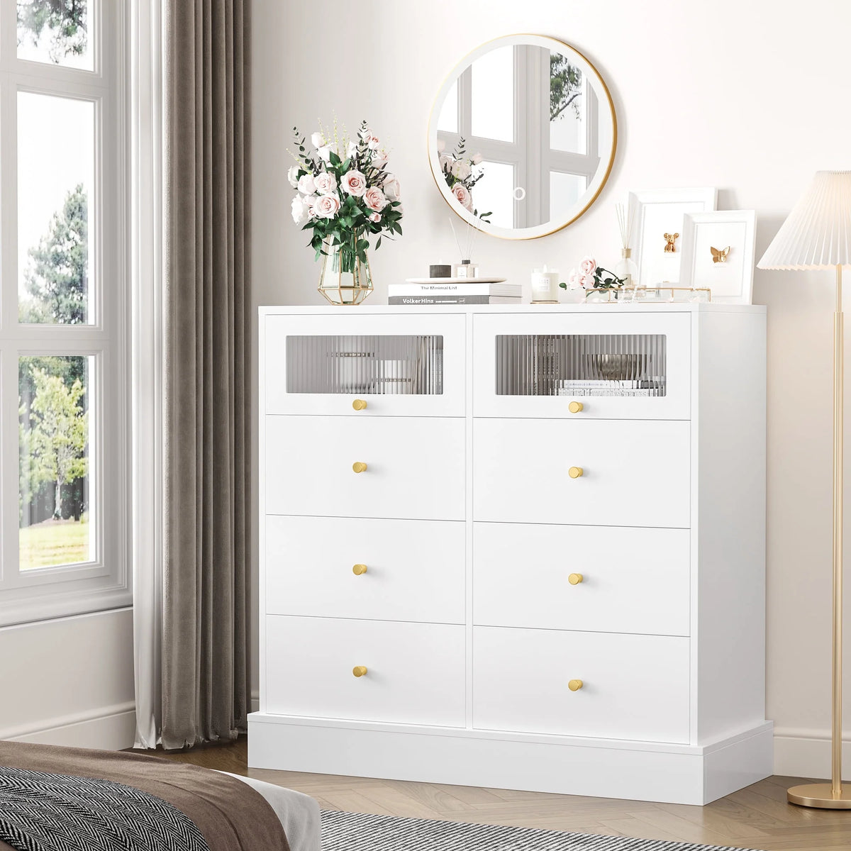 White 8 Drawer Wood Dresser with 2 Glass Doors W7719