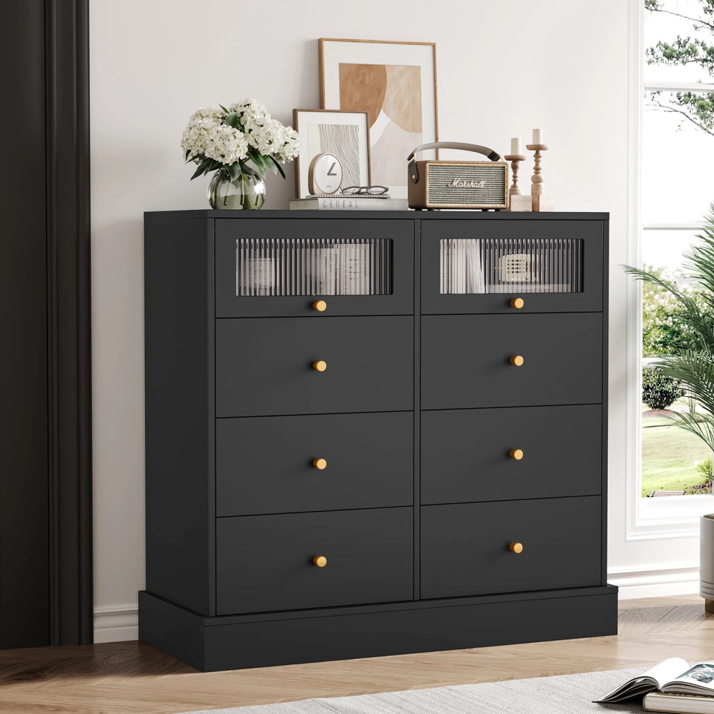 White 8 Drawer Wood Dresser with 2 Glass Doors W7719