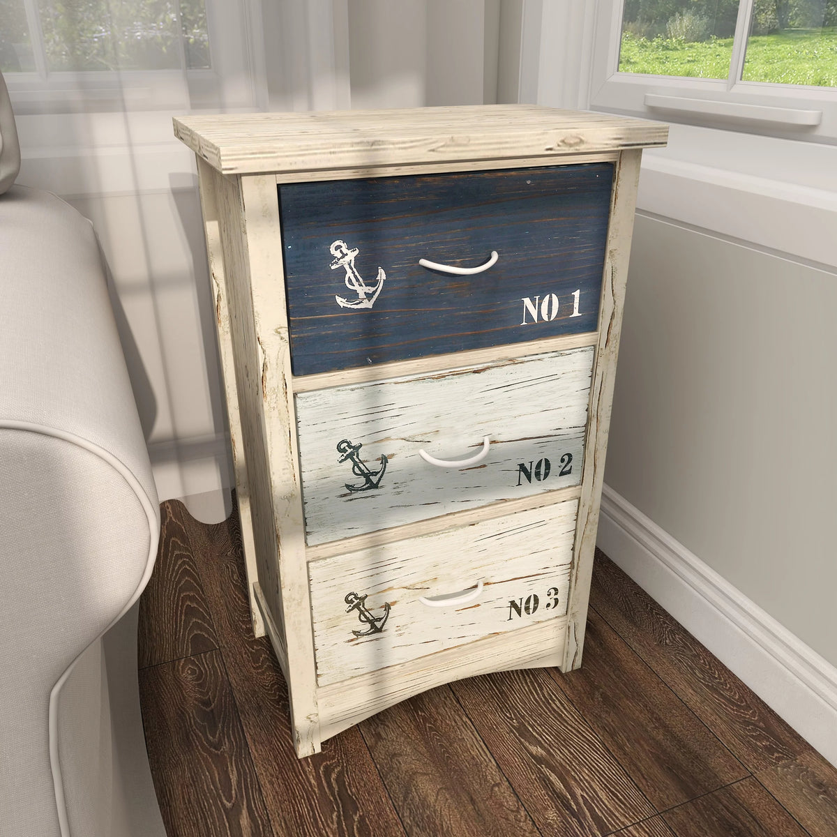 White Wood Anchor Chest with Rope Handles Z6520