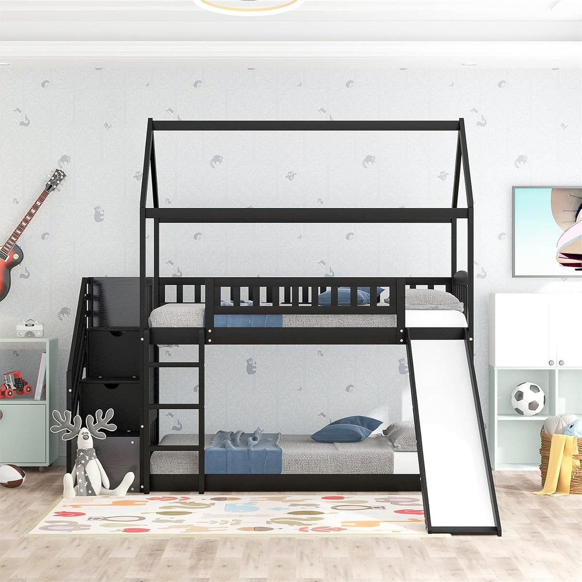 White Twin Over Twin Wood Bunk Bed with Slide and Storage Staircase N133