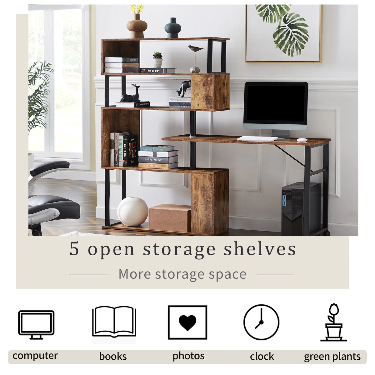L-Shaped Corner Computer Desk with 5-Tier Bookshelf E93163