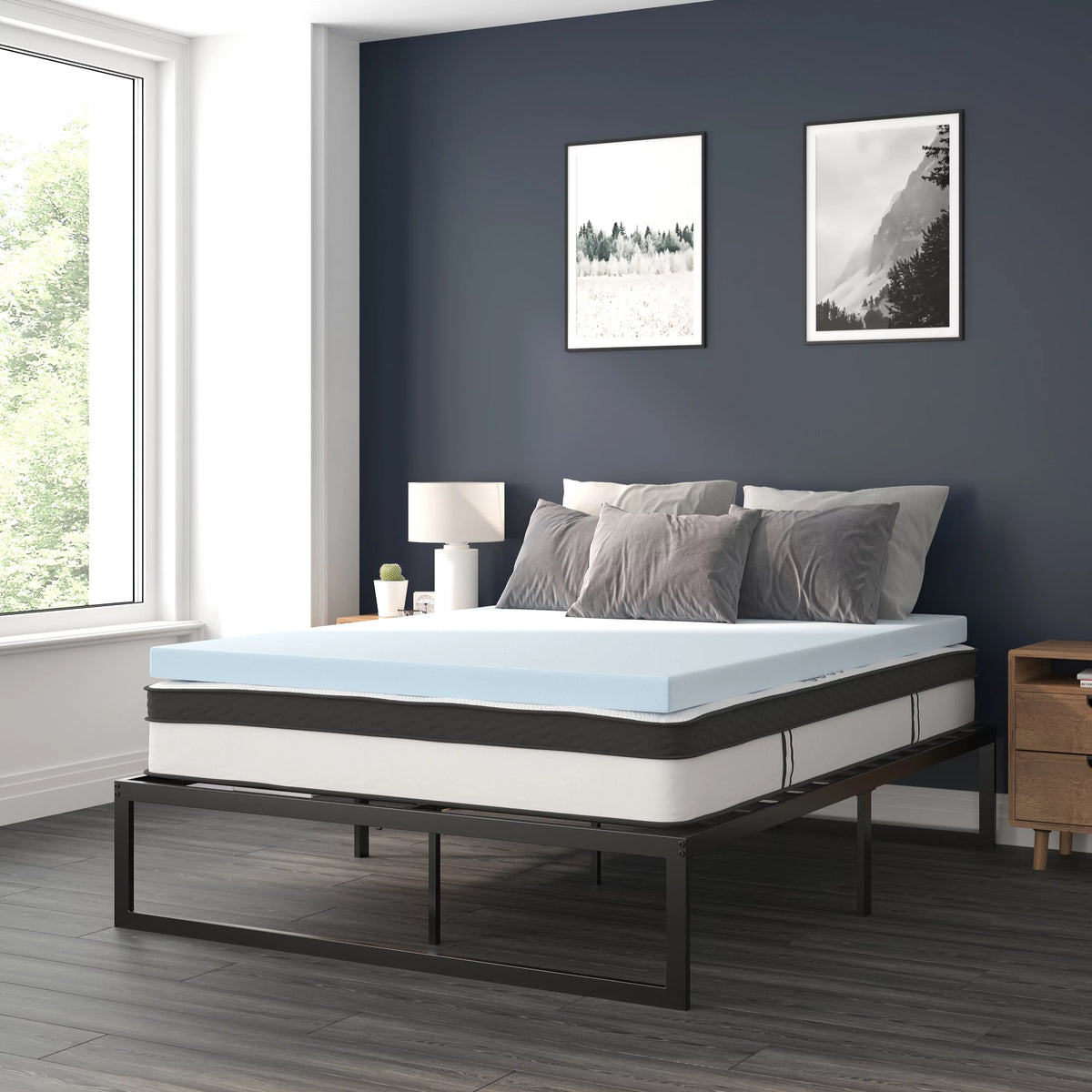 14 Inch Metal Platform Bed Frame with Mattress and Topper - Queen X9078