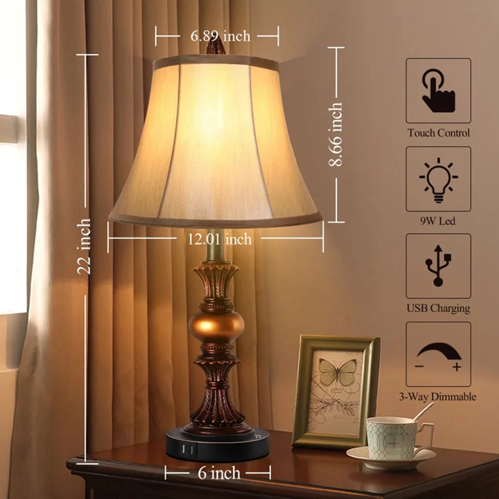 Set of 2 Touch Control 3-Way Dimmable Table Lamps with USB Ports K8000