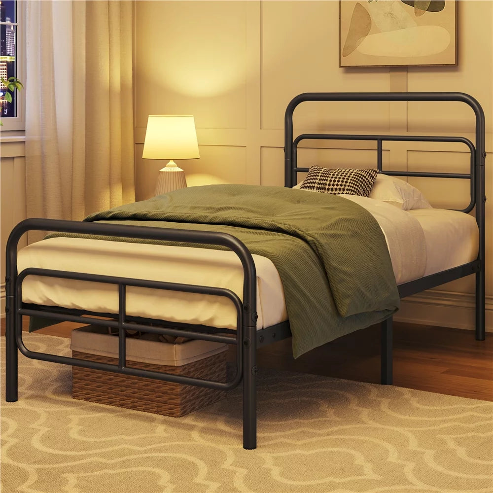 Black Twin Metal Platform Bed with Geometric Patterned Headboard Y850