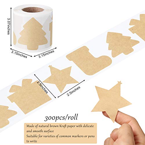 300 Pcs Brown Kraft Paper Christmas Gift Tags Stickers 2.5 x 2.5 Inches F15295